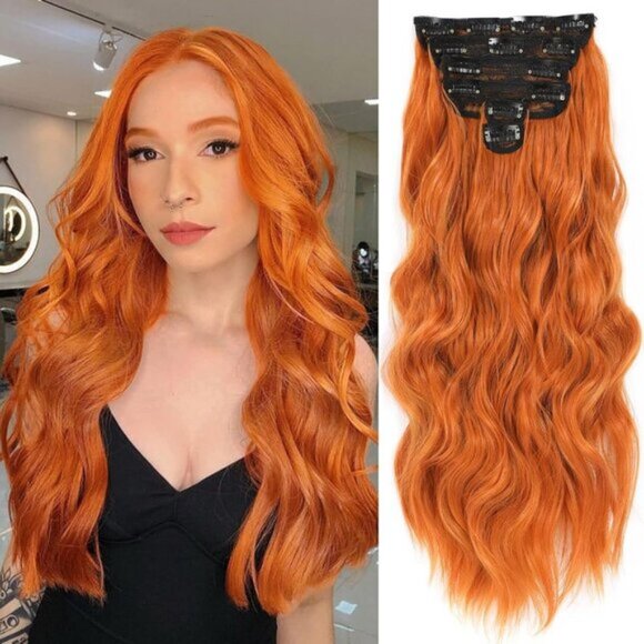 New 6PCS 20" Wavy Curly Ginger Orange Clip-In Hair Extensions for Women